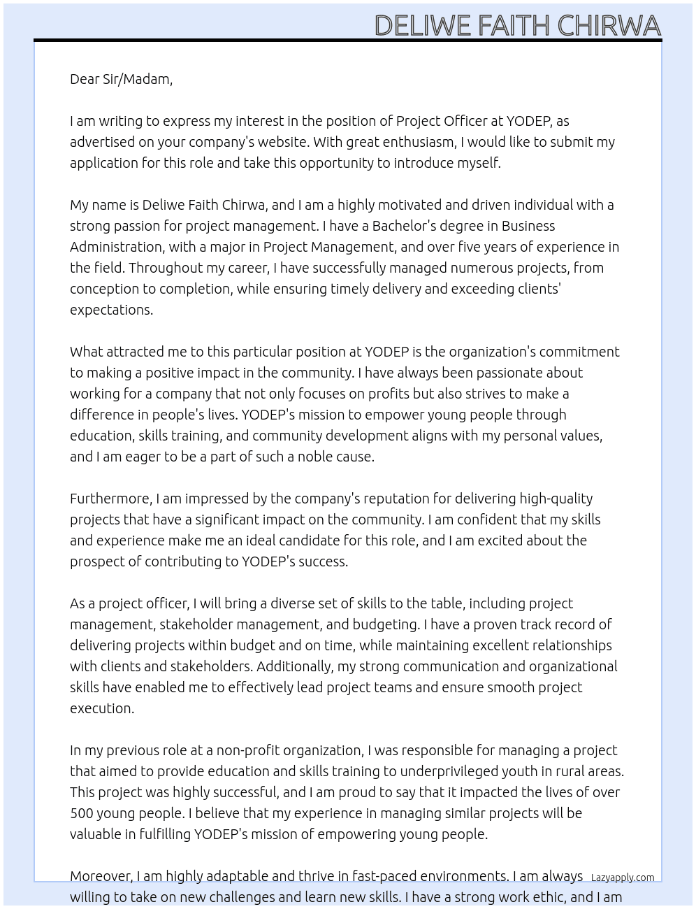 project officer At YODEP Cover Letter