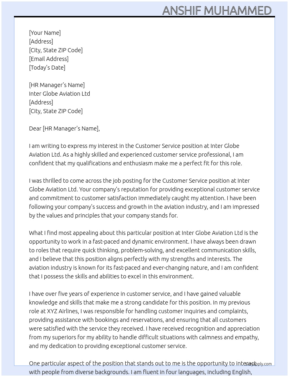 Customer service  At Inter Globe Aviation Ltd Cover Letter