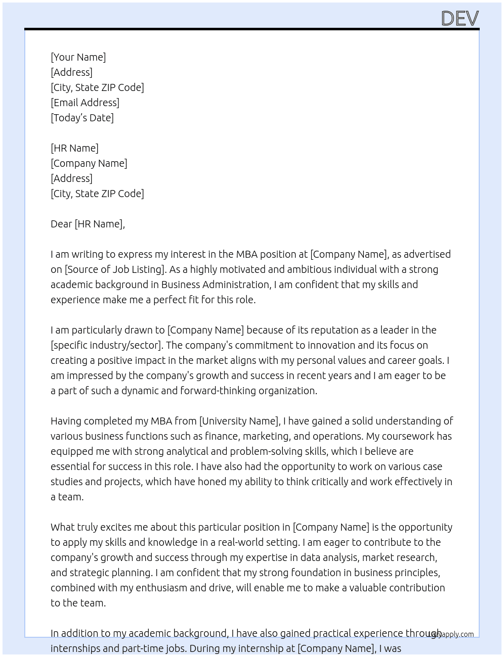MBA At JOB Cover Letter