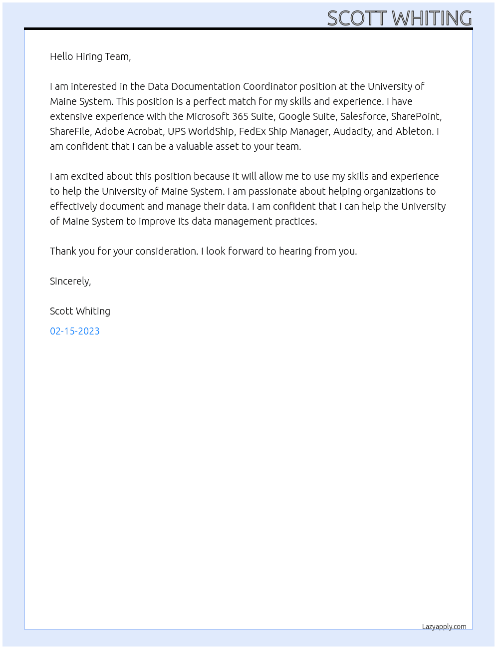 Data Documentation Coordinator At University of Maine System Cover Letter