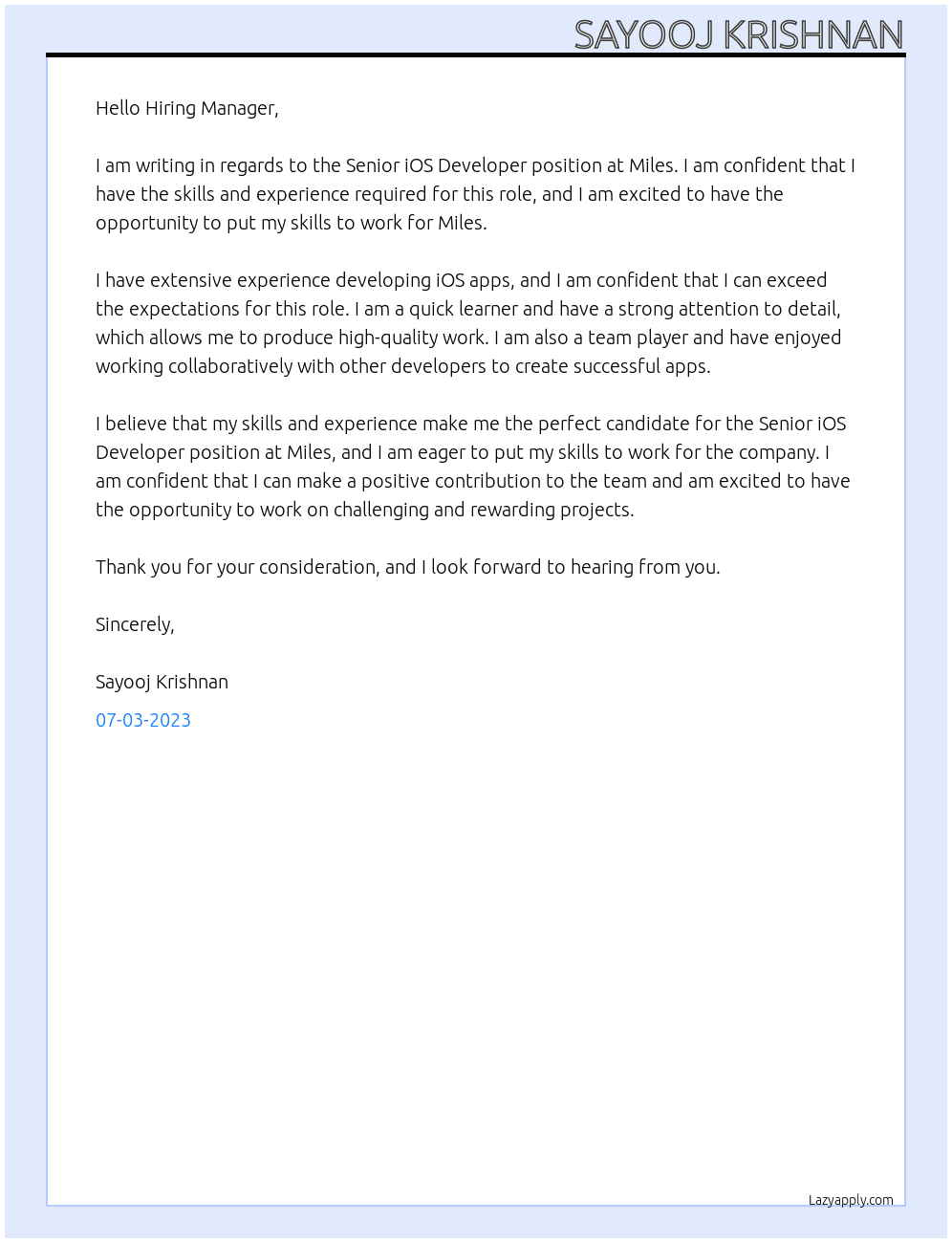 Senior iOS Develoer  At Miles Cover Letter