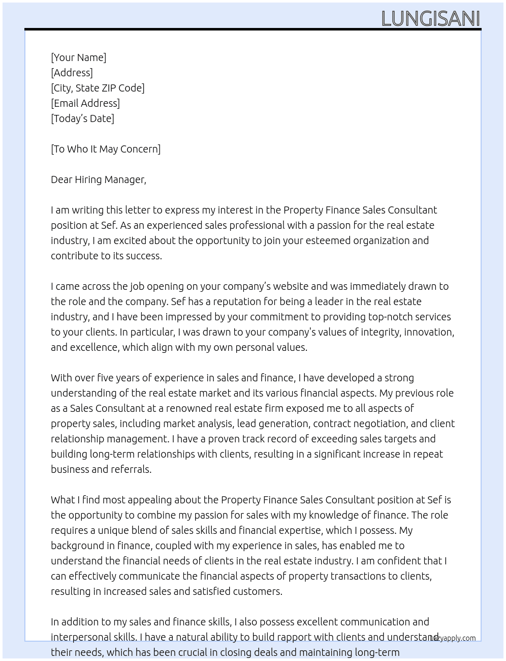 Property Finance Sales Consultant At Sef Cover Letter