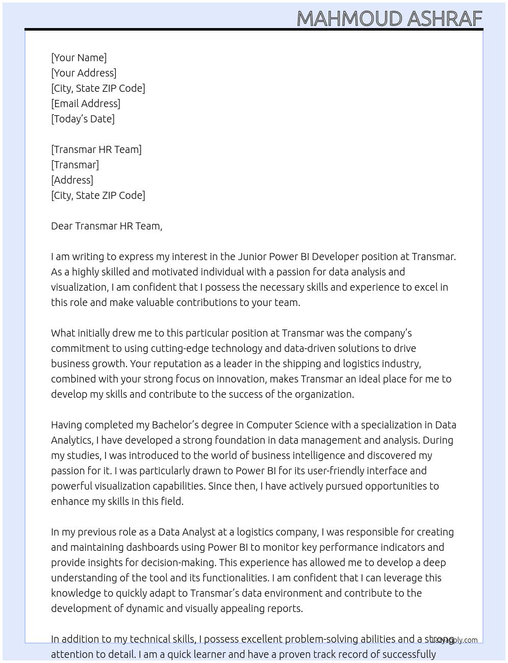  Junior Power BI Developer At Transmar Cover Letter