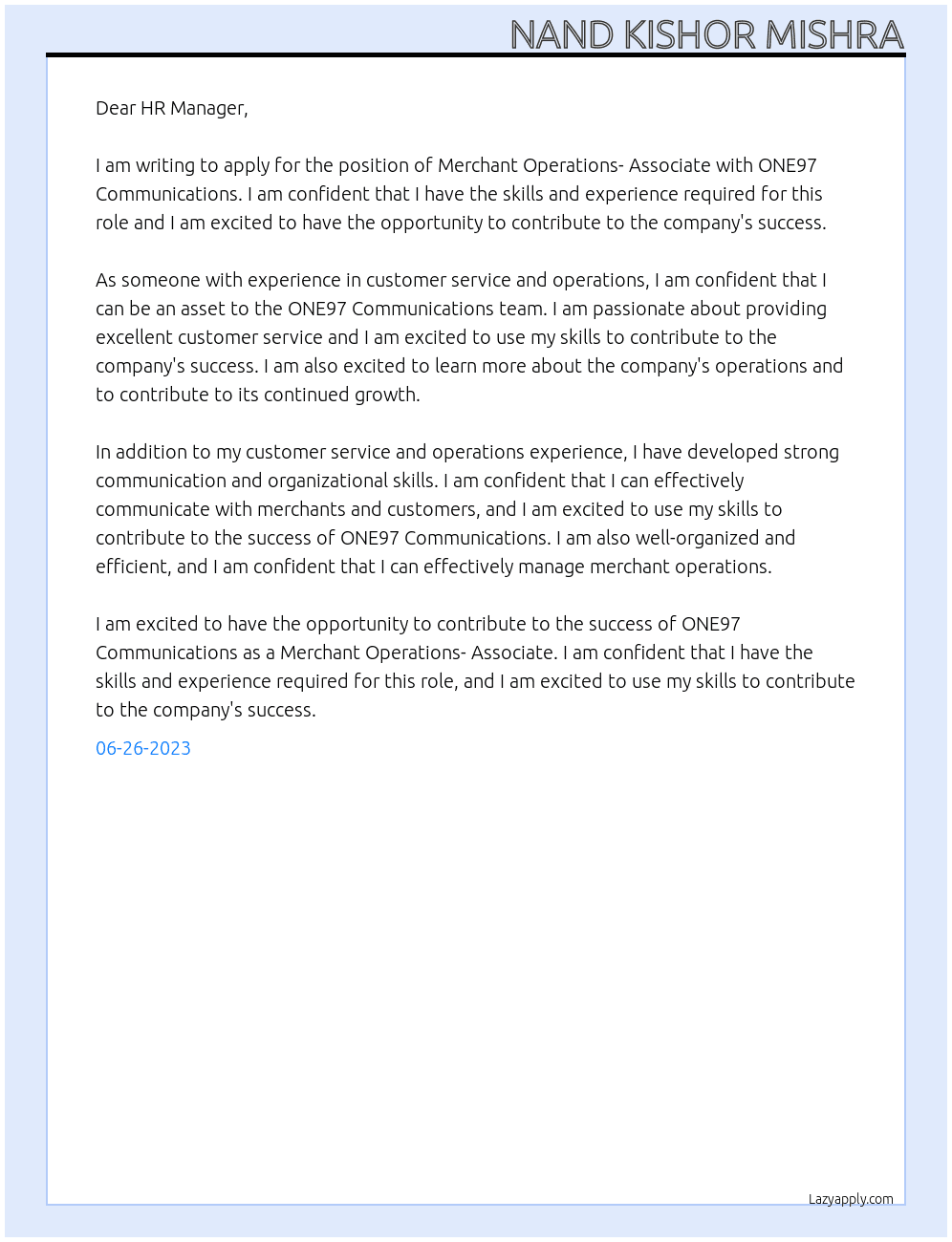 Merchant Operations- Associate At ONE97 COMMUNICATION Cover Letter