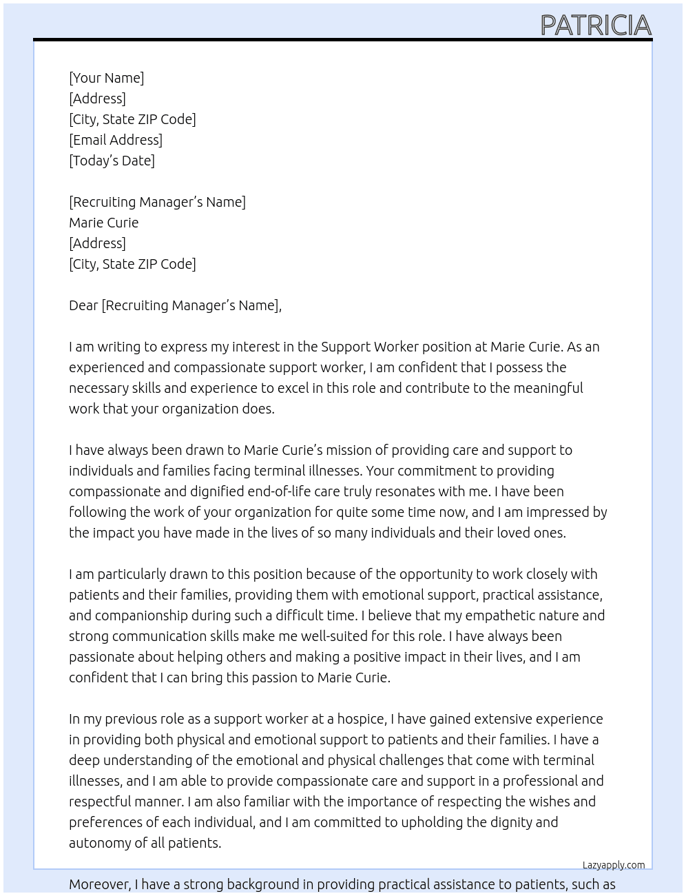 Support worker At Marie curie Cover Letter