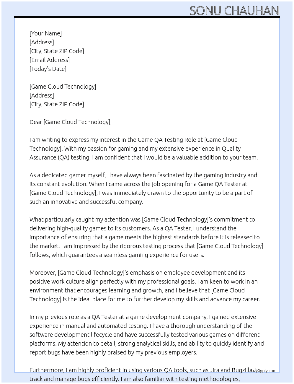Game QA Testing Role At Game cloud technology  Cover Letter