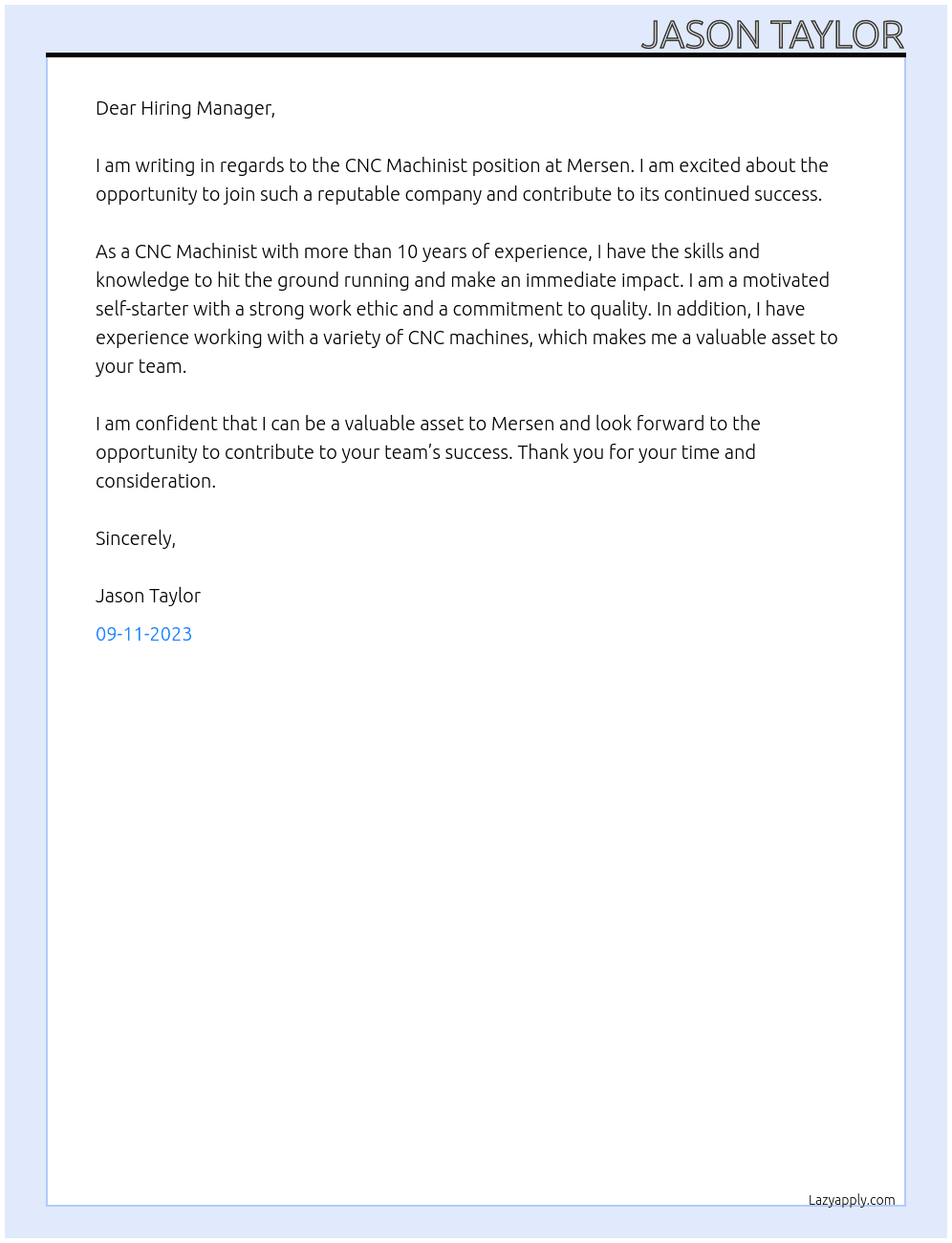 Cnc machinist At Mersen Cover Letter