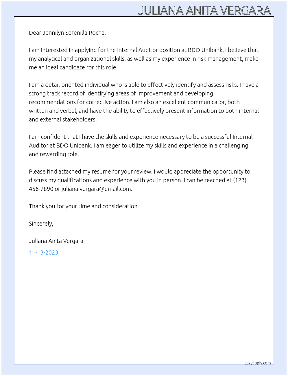 Internal Auditor At BDO Unibank Cover Letter