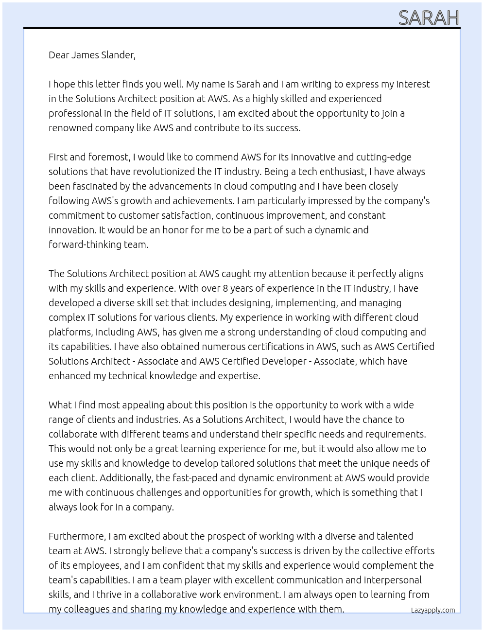 Solutions Architect At AWS Cover Letter
