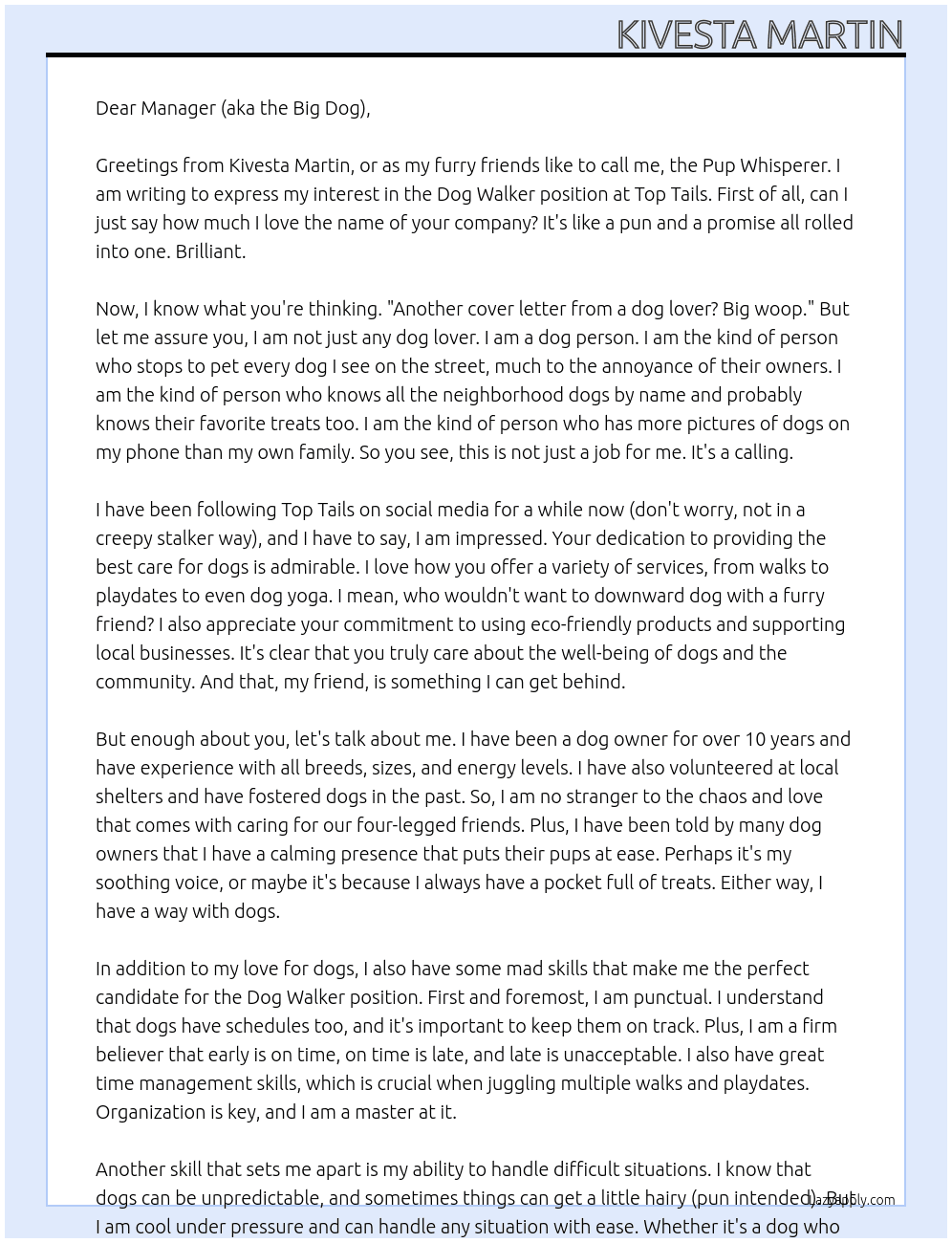 Dog walker At Top Tails Cover Letter