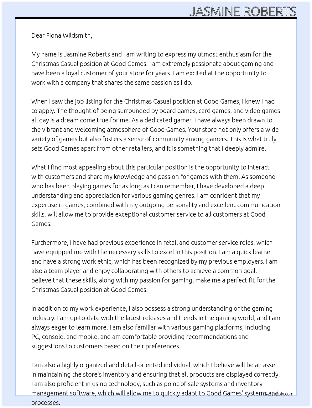 Christmas Casual At Good Games Cover Letter