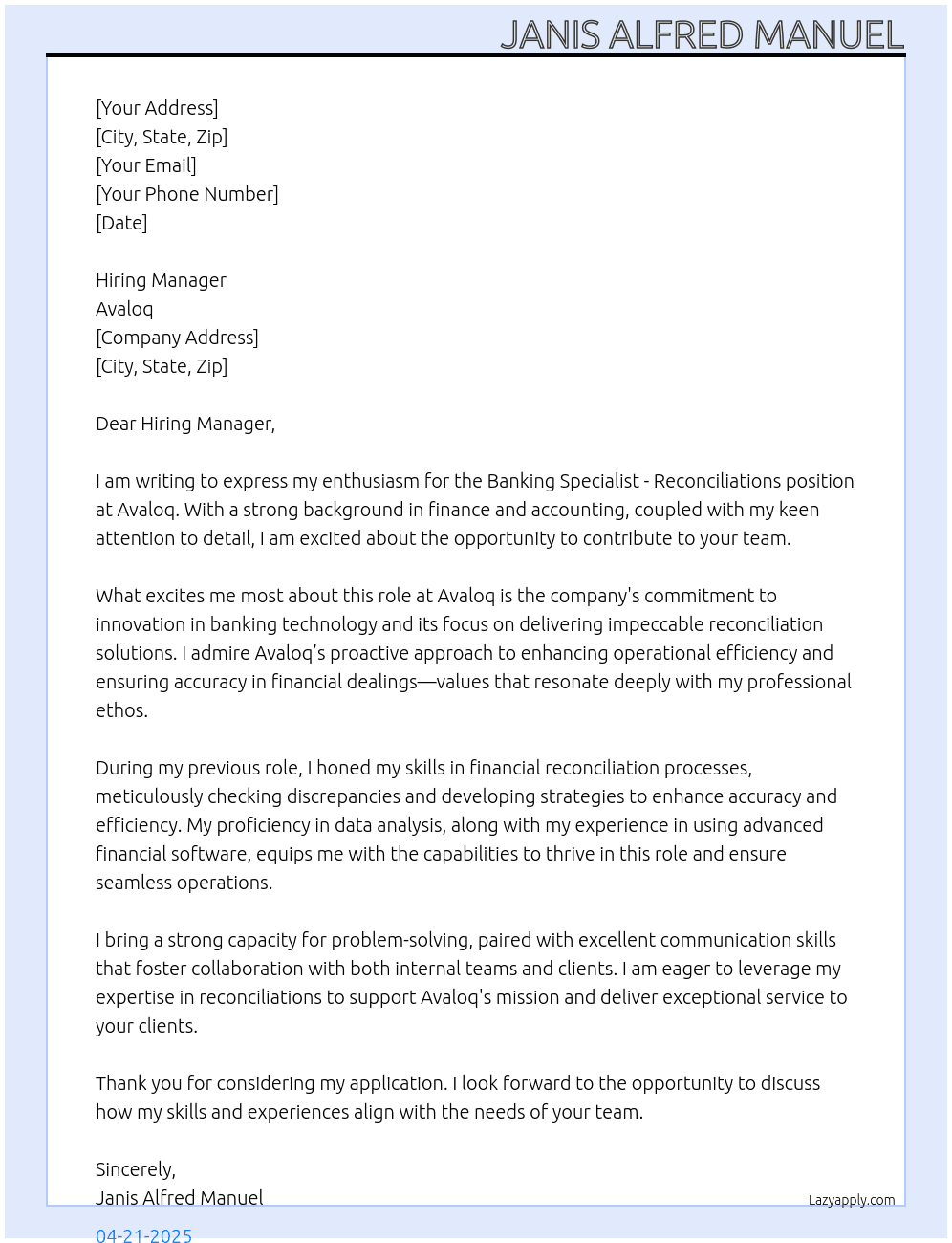 Banking Specialist - Reconciliations At Avaloq Cover Letter