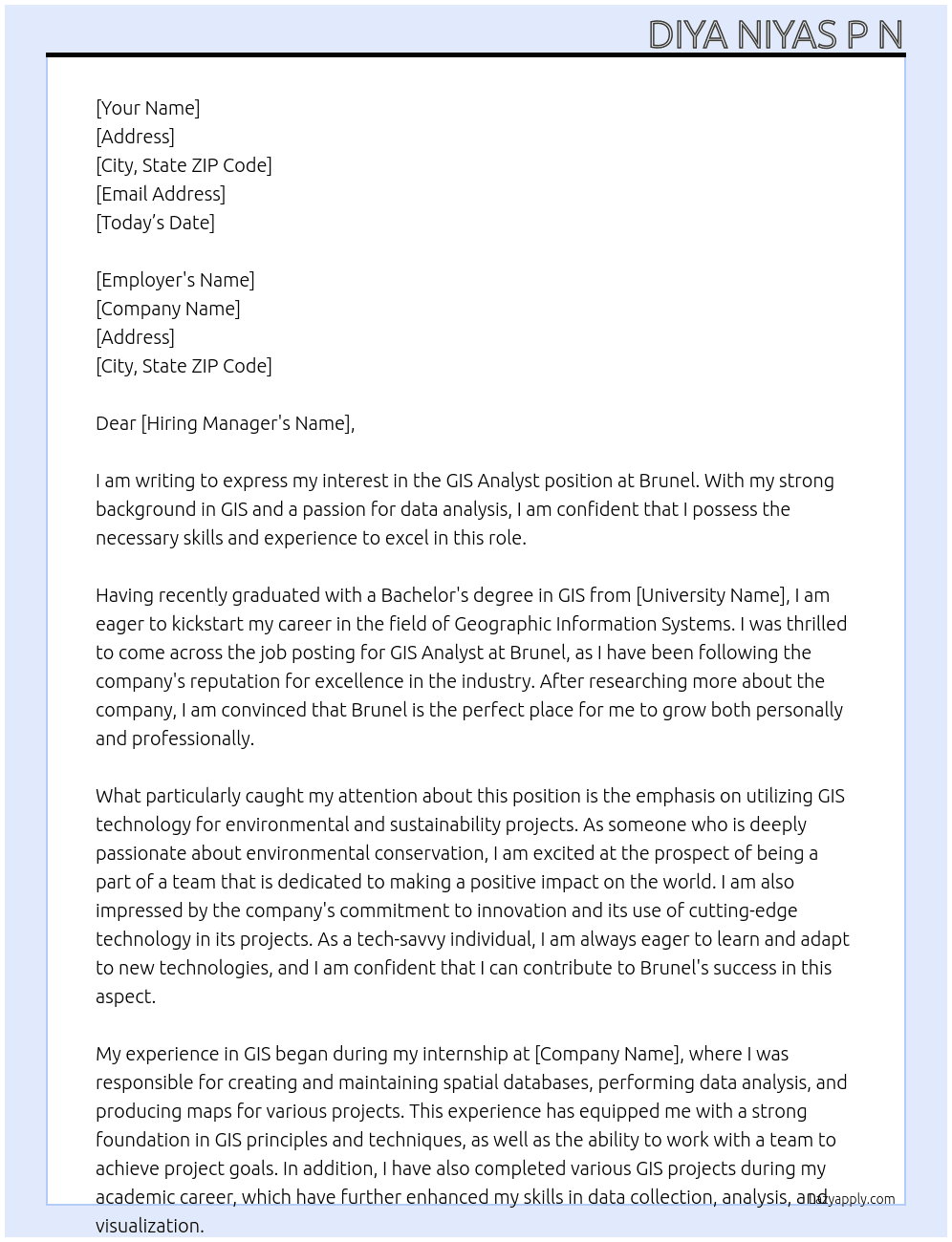 GIS ANALYST At BRUNEL Cover Letter