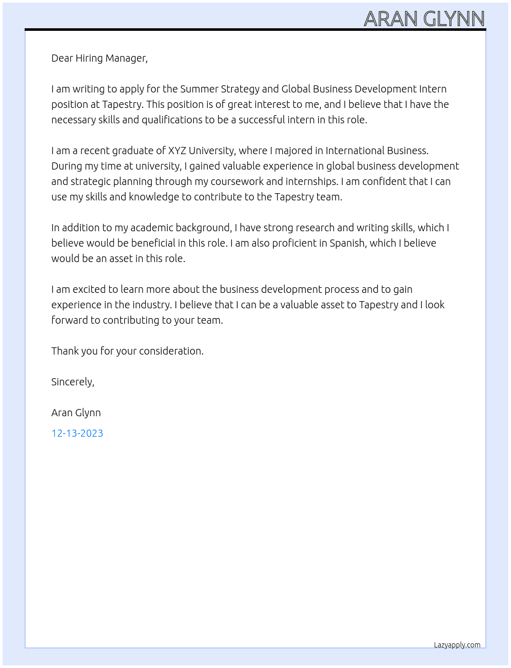 Summer Strategy and Global Business Development Intern At Tapestry Cover Letter