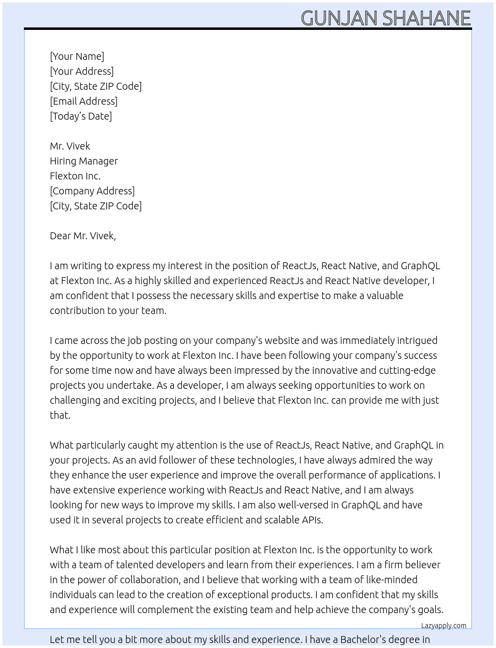 ReactJs, React Native, GraphQL, At Flexton Inc. Cover Letter
