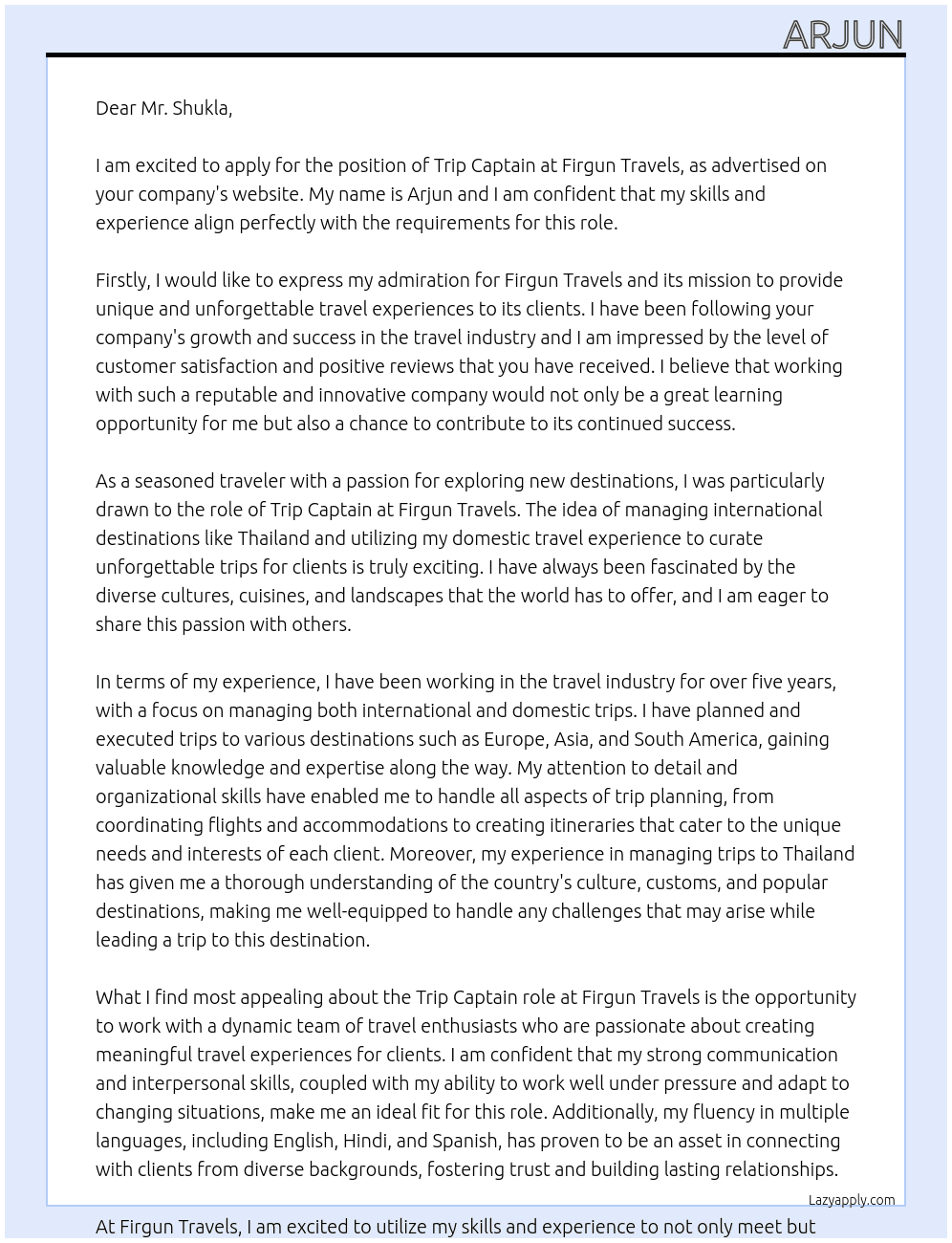 Trip captain At Firgun travels Cover Letter