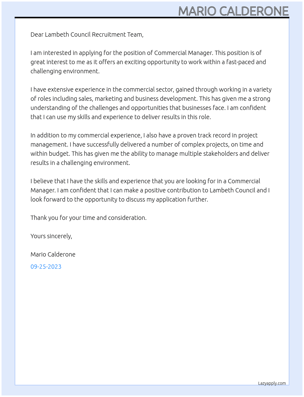 Commercial Manager At Lambeth Council Cover Letter