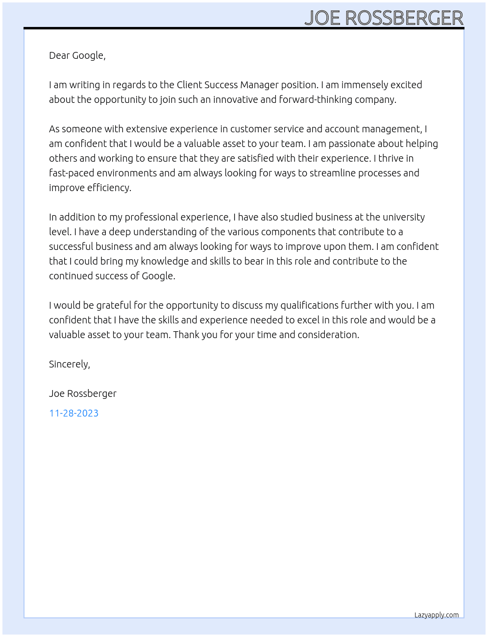 Client Success Manager At Google Cover Letter