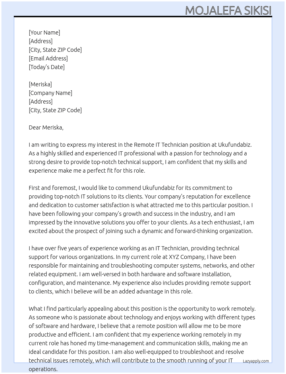 Remote IT Technician! At ukufundabiz Cover Letter