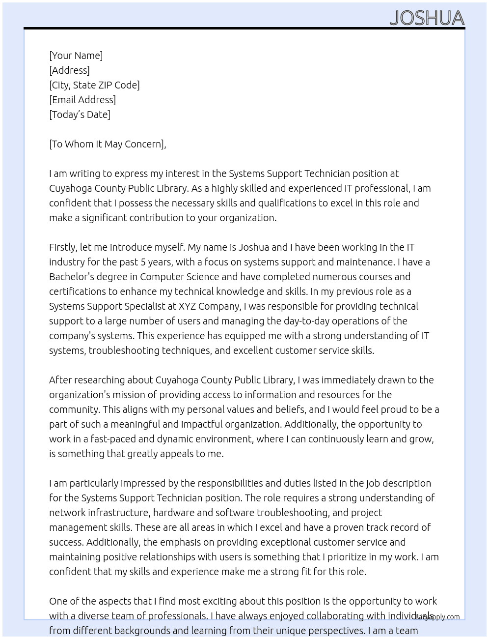 Systems Support Technician At Cuyahoga County Public Library Cover Letter