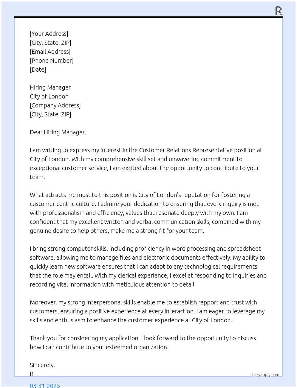 Cover letter for customer relations representative - LazyApply