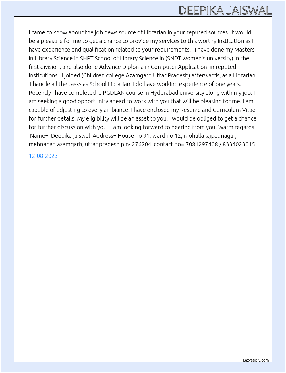 LIBRARY TRAINEE  At ISI KOLKATA Cover Letter