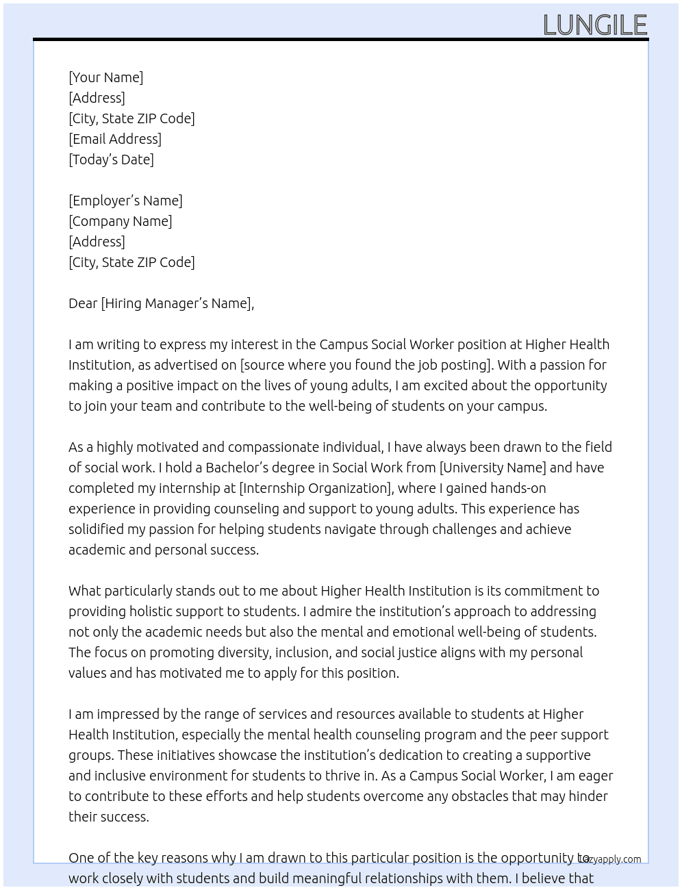 Campus Social Worker  At Higher Health Institution Cover Letter