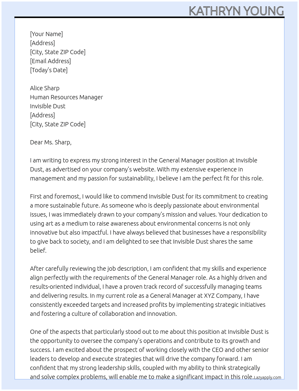 General Manager At Invisible Dust Cover Letter