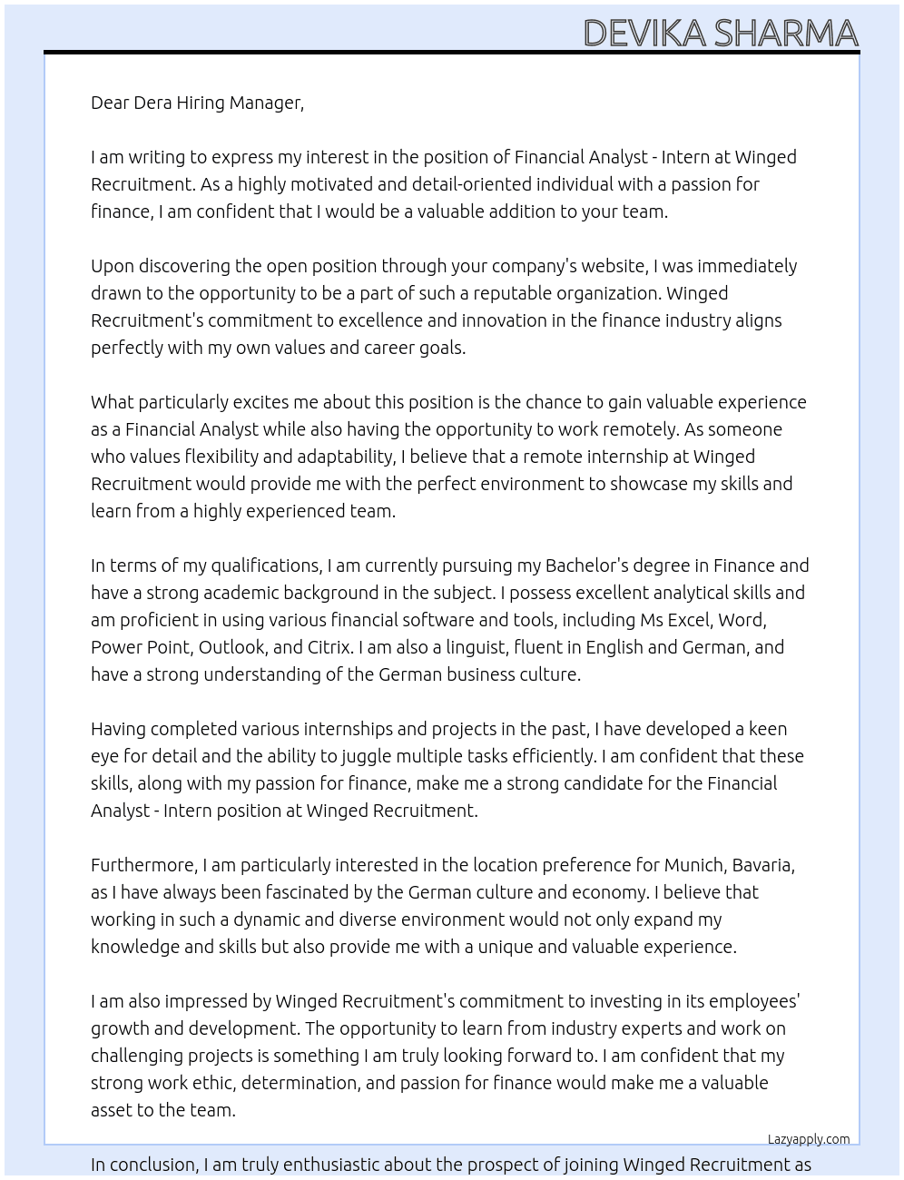 Financial Analyst - Intern (Remote Internship - Finance) At Winged Recruitment Cover Letter