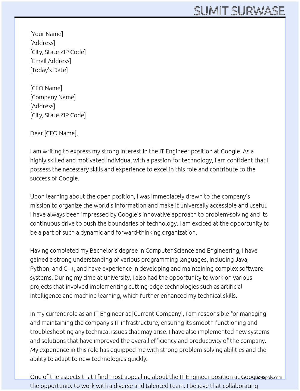 IT engineer At Google Cover Letter