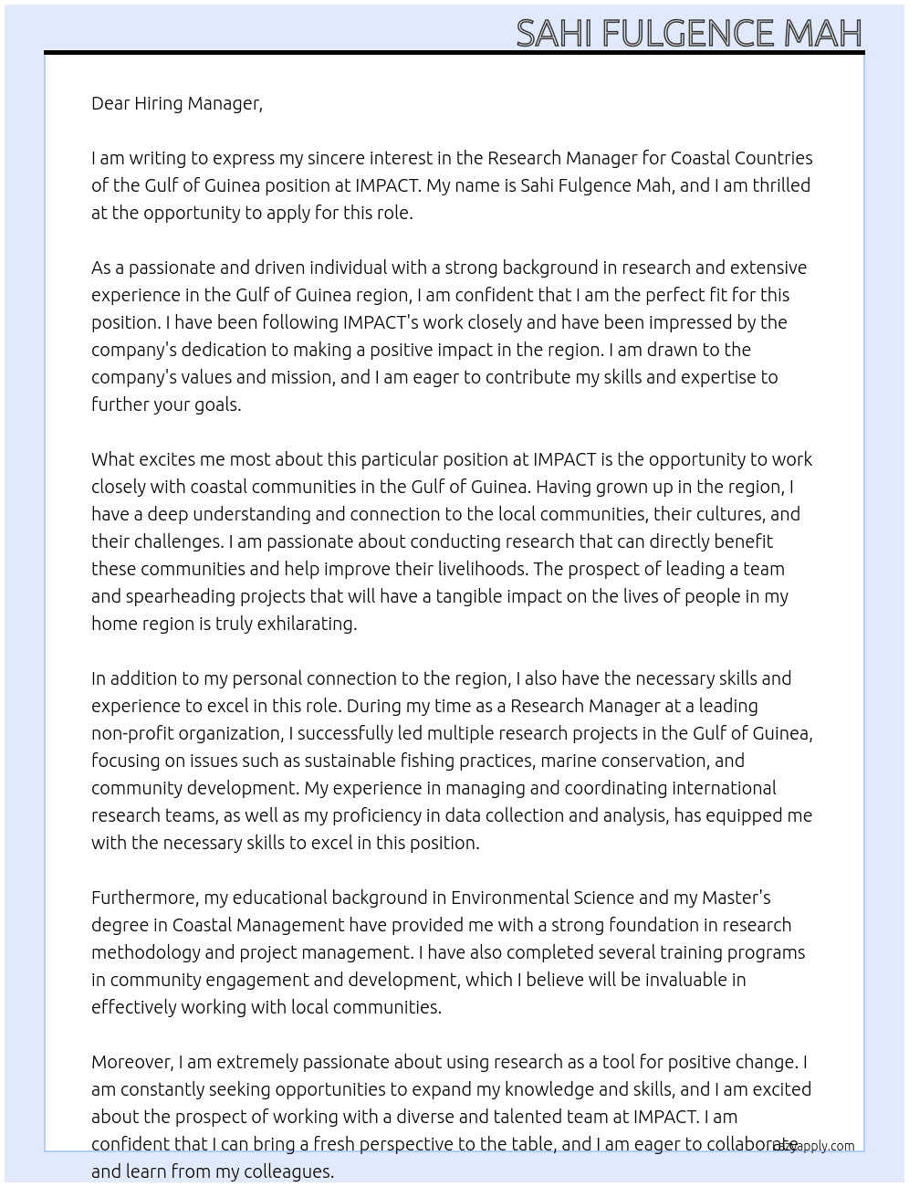 Research Manager for Coastal Countries of the Gulf of Guinea At IMPACT Cover Letter