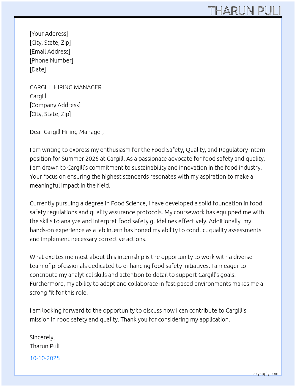 Cover letter for food safety, quality, and regulatory intern – summer 2026 - LazyApply