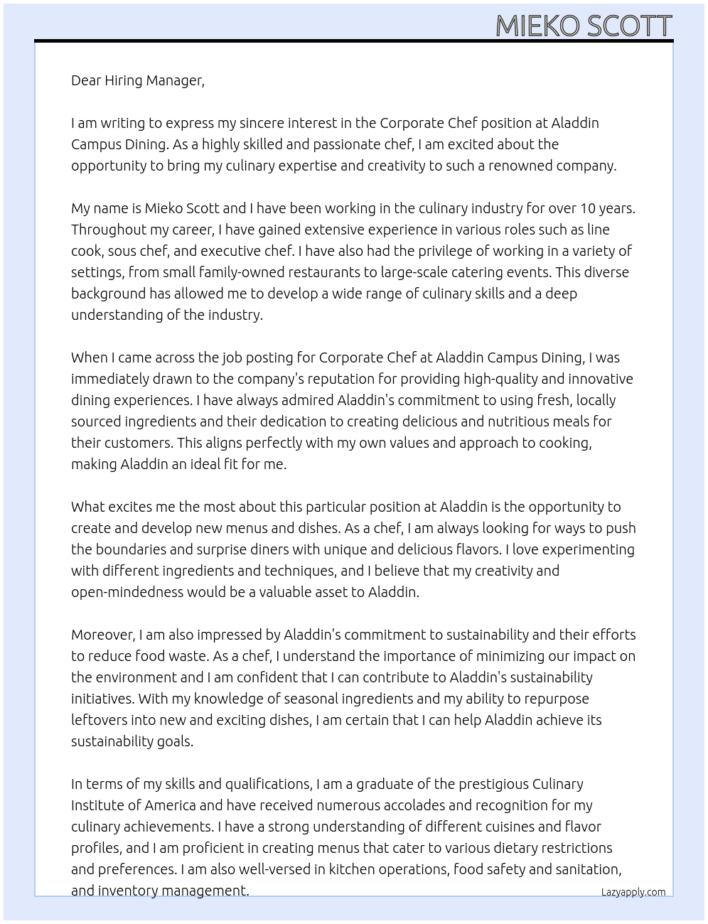 Corporate Chef At Aladdin Campus Dining Cover Letter