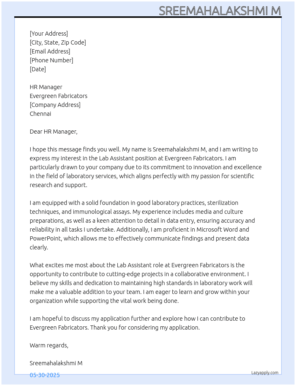 Lab assistant  At Evergreen fabricators  Cover Letter