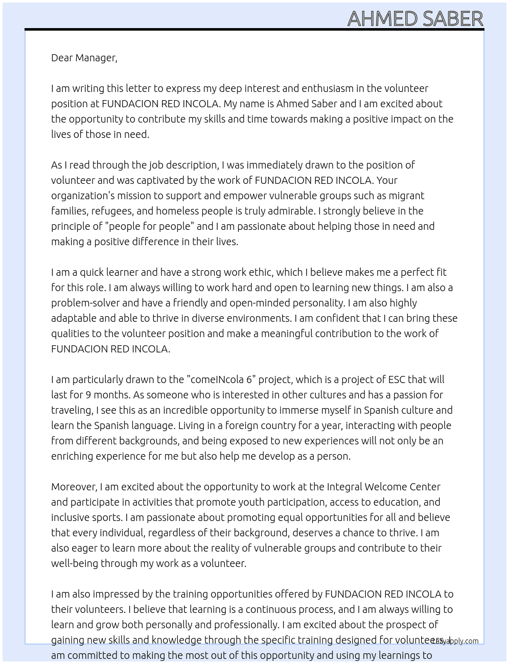 Volunteer At FUNDACION RED INCOLA Cover Letter