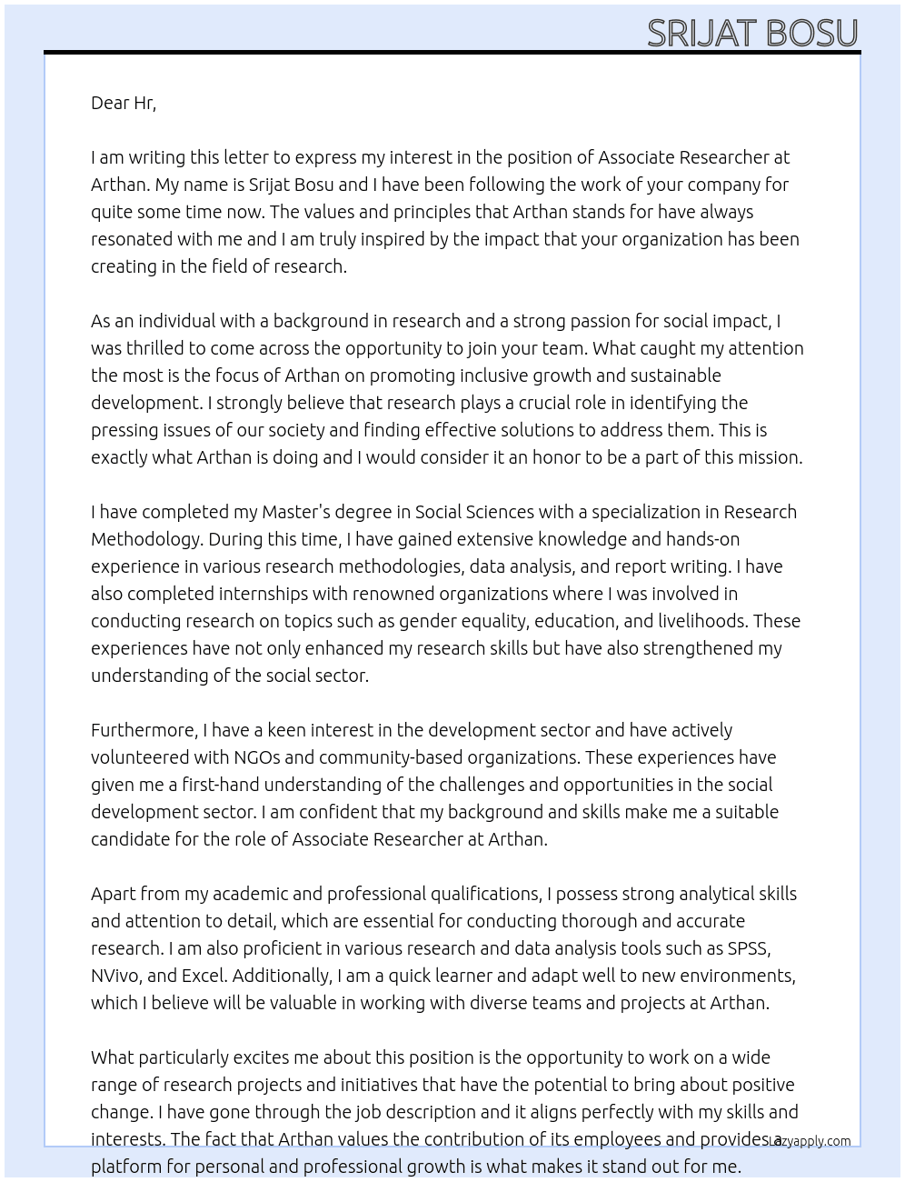 Associate Researcher At Arthan Cover Letter