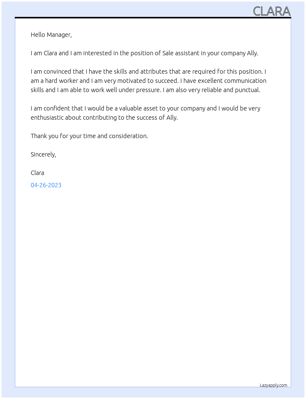 Sale assistant  At Ally Cover Letter