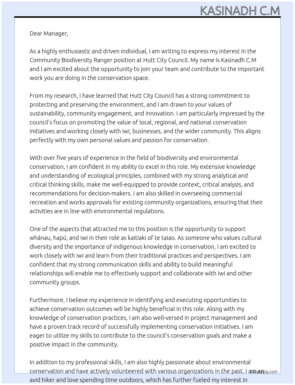 Community Biodiversity Ranger At Hutt City Council Cover Letter