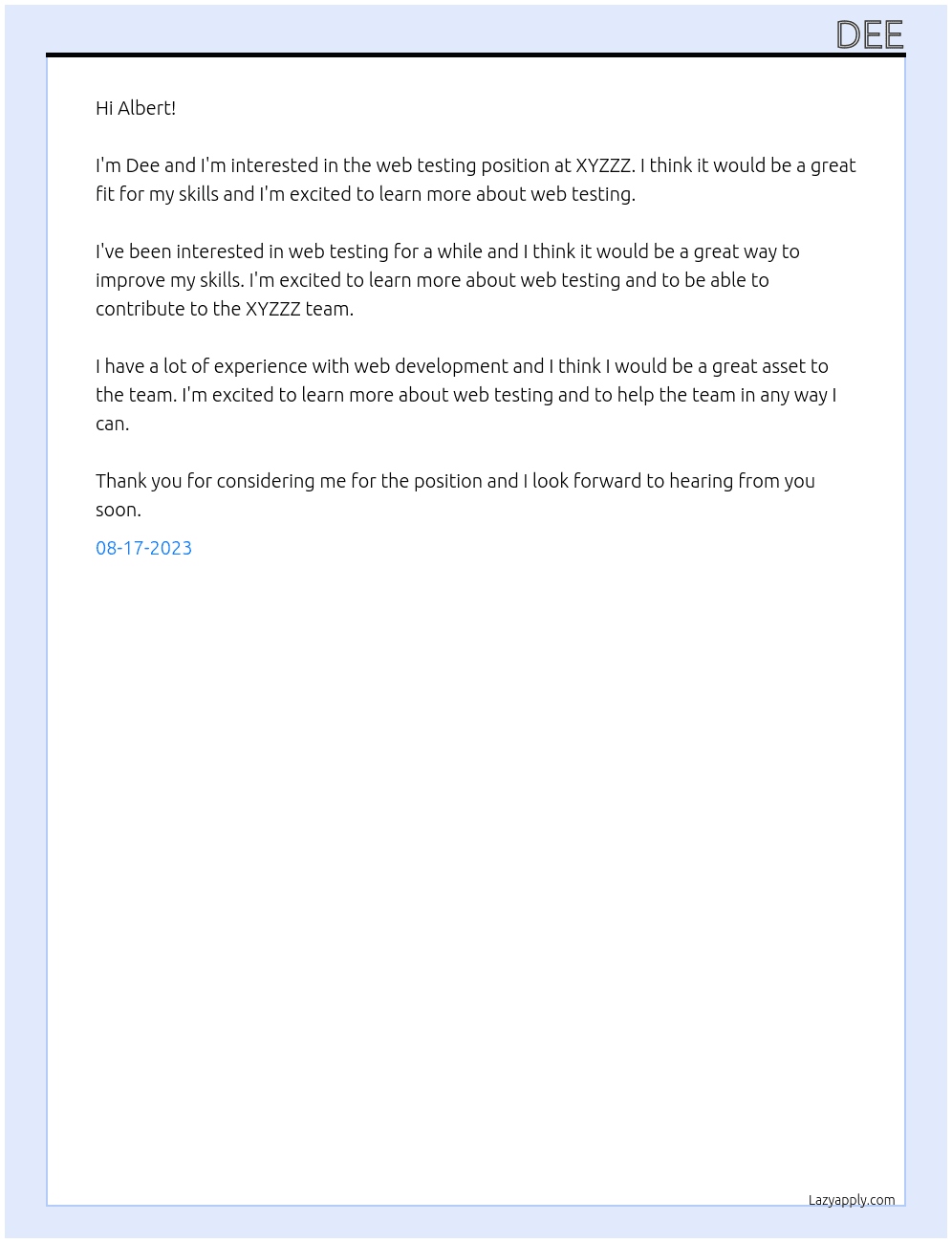 web testing At xyzzz Cover Letter