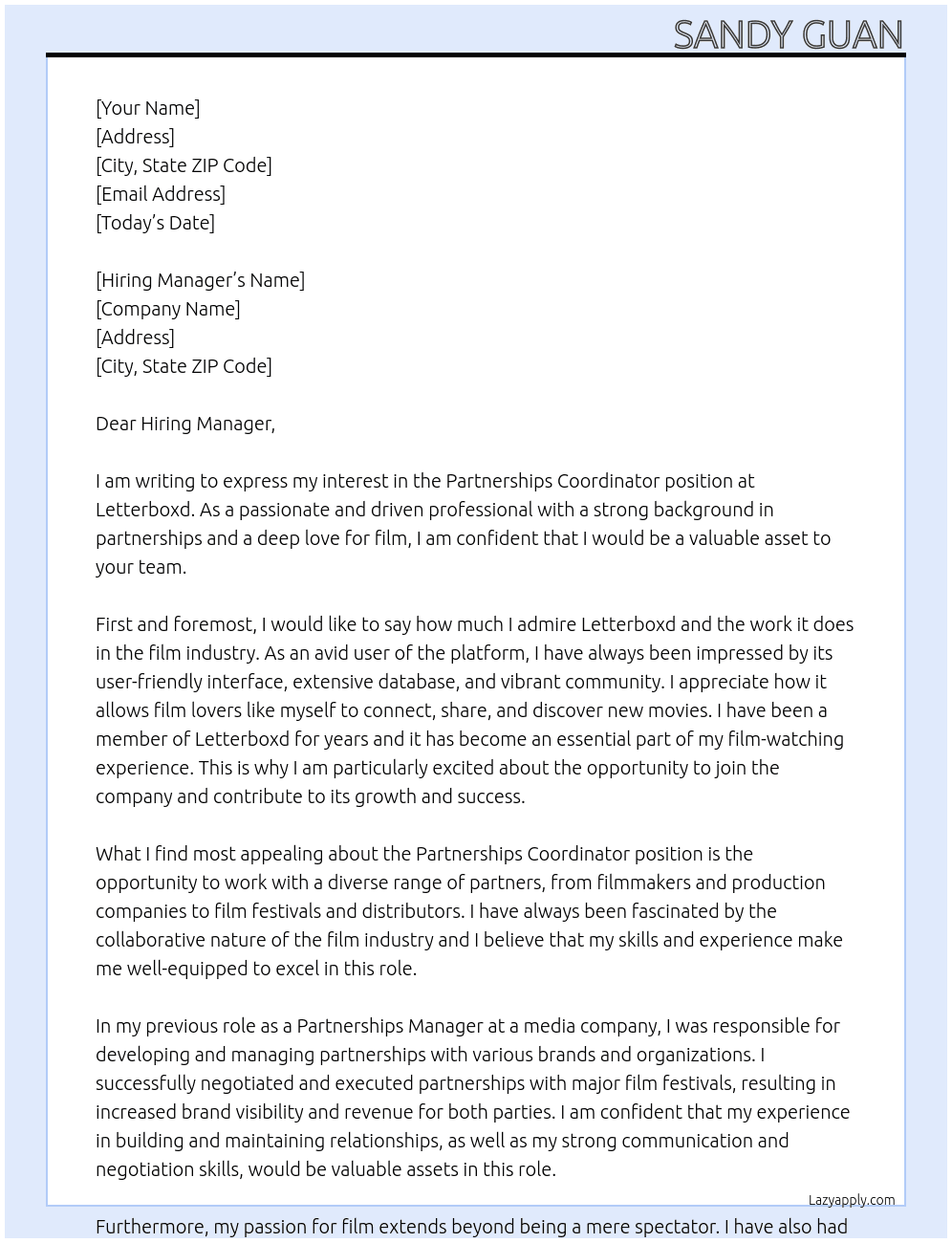 Partnerships Coordinator At Letterboxd Cover Letter
