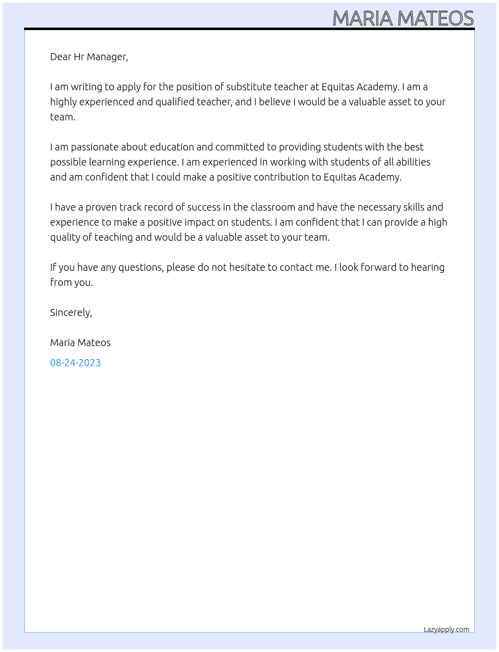substitute teacher At Equitas Academy Cover Letter