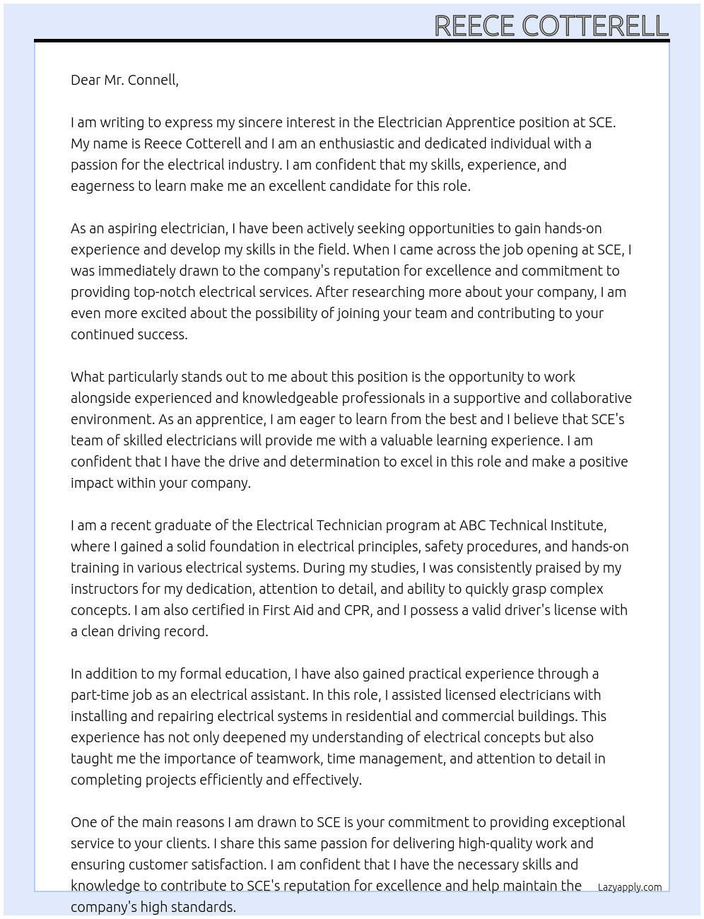 Electrician Apprentice At SCE Cover Letter