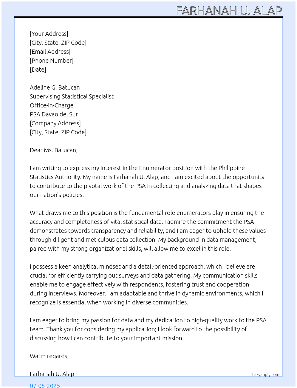 Enumerator At PSA Cover Letter