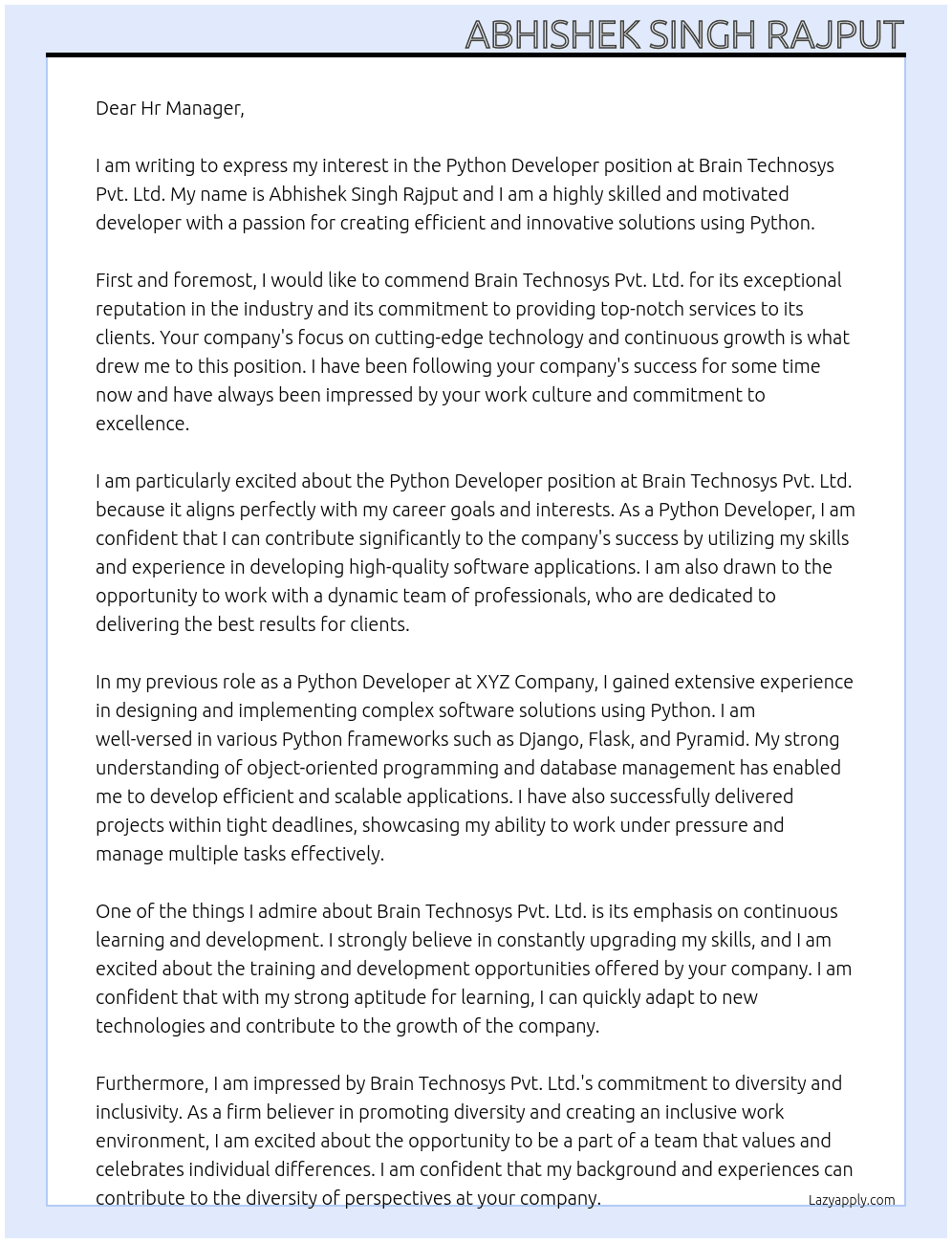 Python Developer At Brain Technosys Pvt. Ltd. Cover Letter
