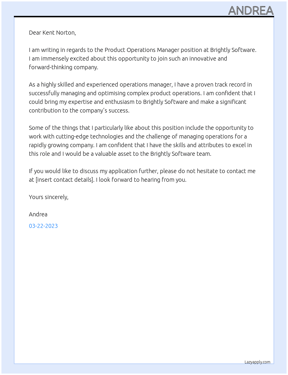 Product Operatons Manager At Brightly Software  Cover Letter