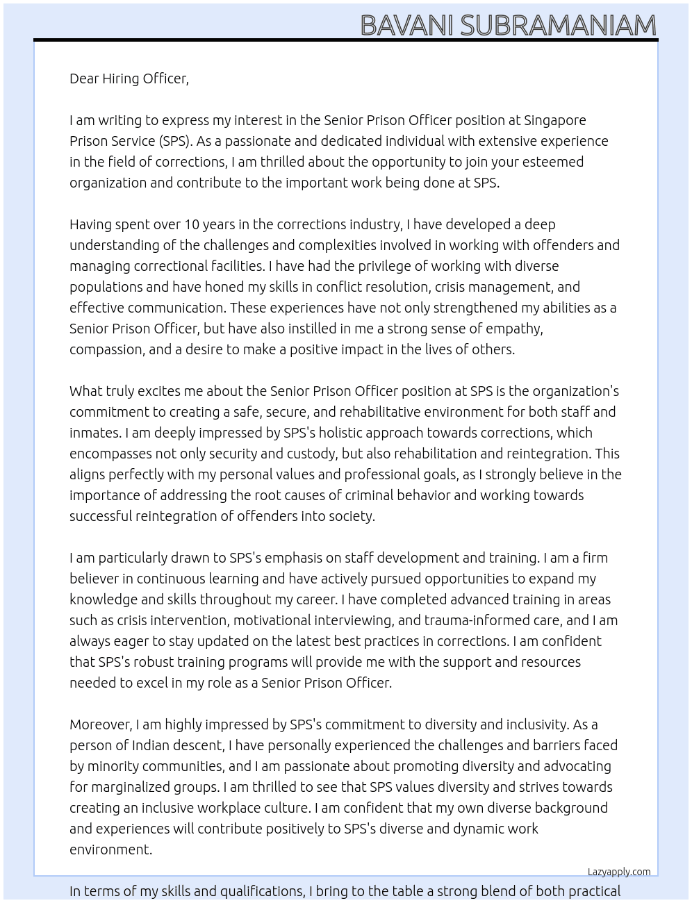 Cover letter for senior prison officer - LazyApply