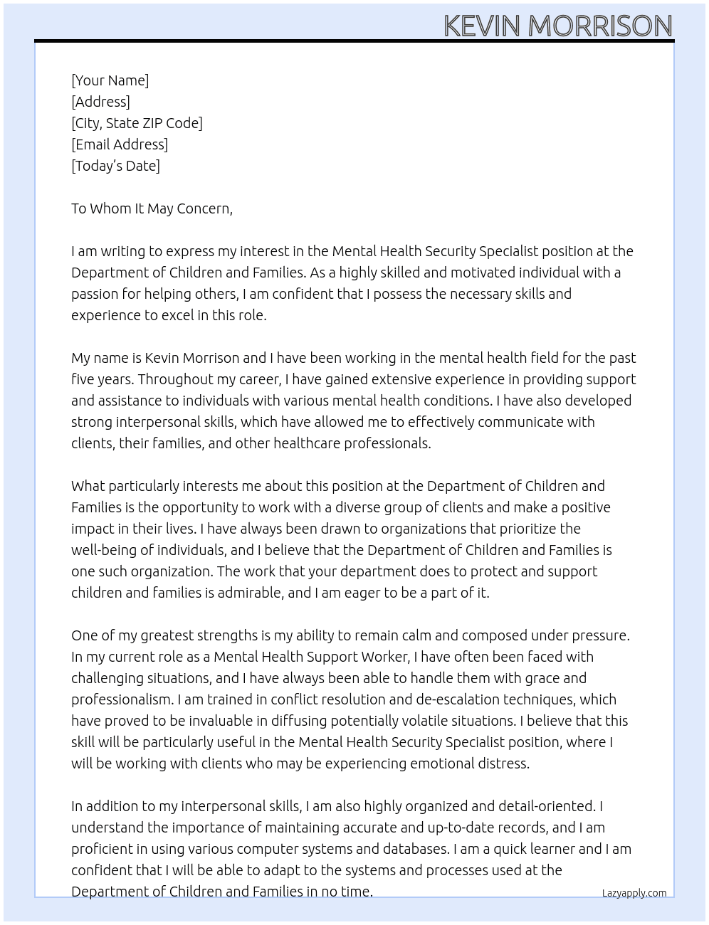 MENTAL HEALTH SECURITY SPECIALIST At Department of Children and Families  Cover Letter