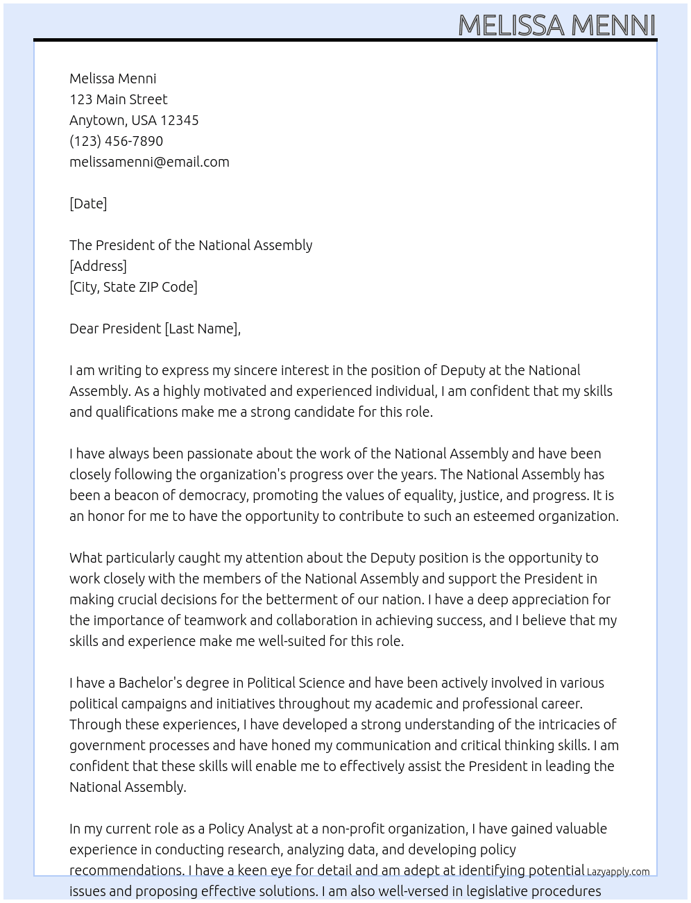 Cover letter for deputy - LazyApply