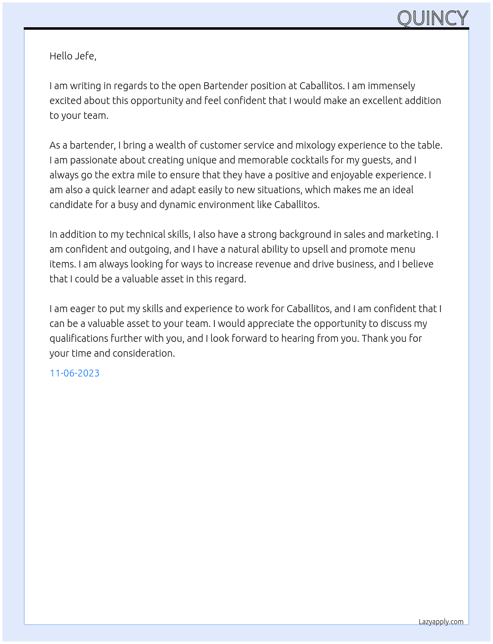 Bartender  At Caballitos Cover Letter