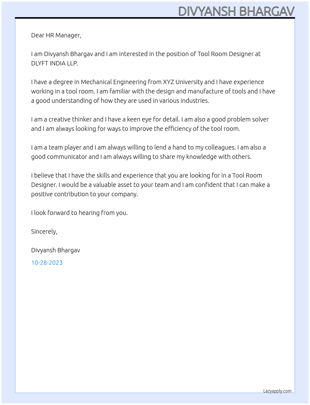 Tool Room Designer At DLYFT INDIA LLP Cover Letter